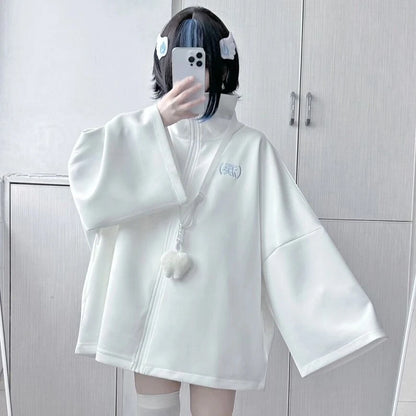 Spring Japanese Casual Solid Hoodies Women Loose Y2k Aesthetic Oversized Embroidery Coats Harajuku Zipper Grunge Sweatshirts