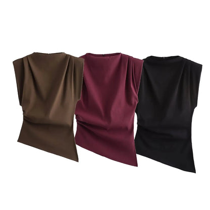 Elegant Off-Shoulder Pleated Top European American Style