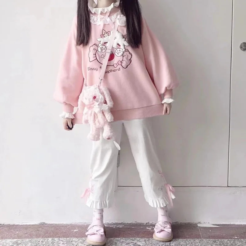 Lamb and Candy Embroidered Hoodie Perfect for Harajuku Vibes