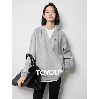 TOYOUTH Women Hoodies Sweatshirt 2024 Autumn New Heart Patter Embroidery Fake Two Piece Hooded Pullover Tops