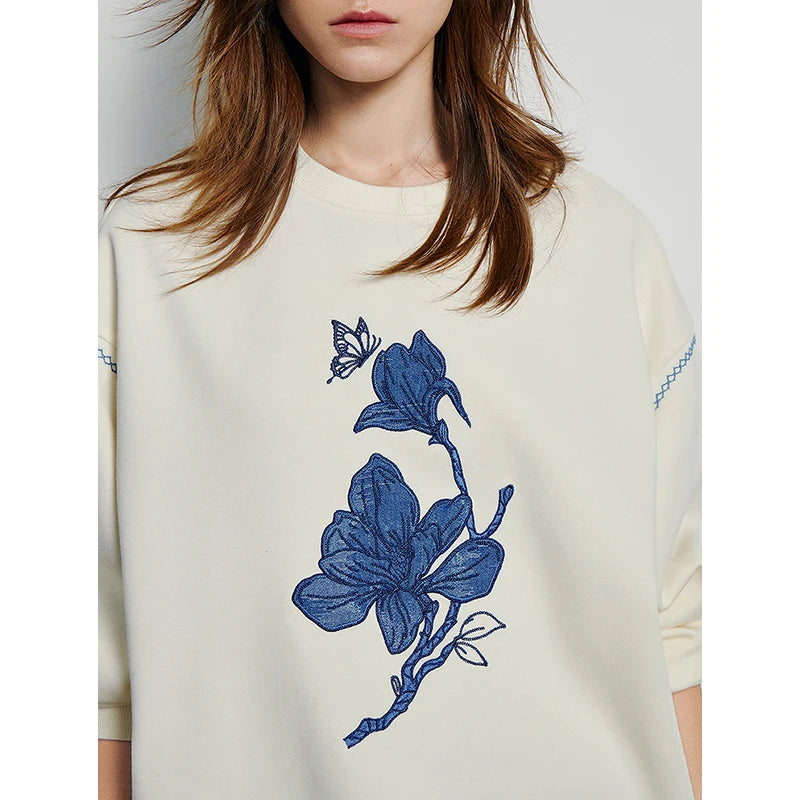 Embroidered Flower Pullover with a Chic Round Collar