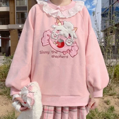 Lamb and Candy Embroidered Hoodie Perfect for Harajuku Vibes