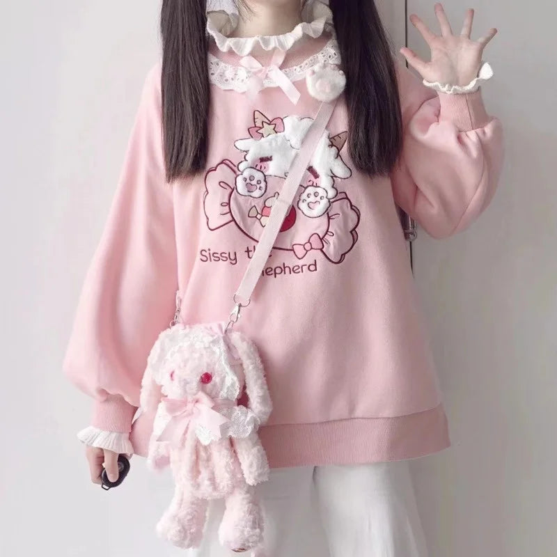 Lamb and Candy Embroidered Hoodie Perfect for Harajuku Vibes