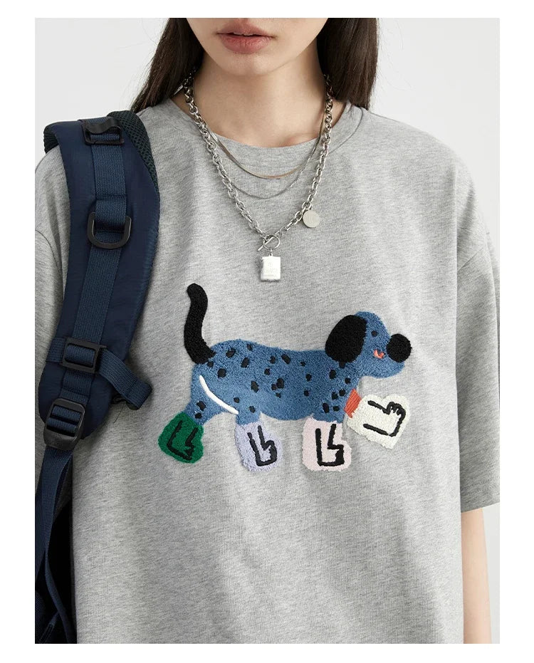 Cute Dog Embroidered O-Neck T-Shirt Casual Summer Vibes