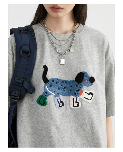 Cute Dog Embroidered O-Neck T-Shirt Casual Summer Vibes