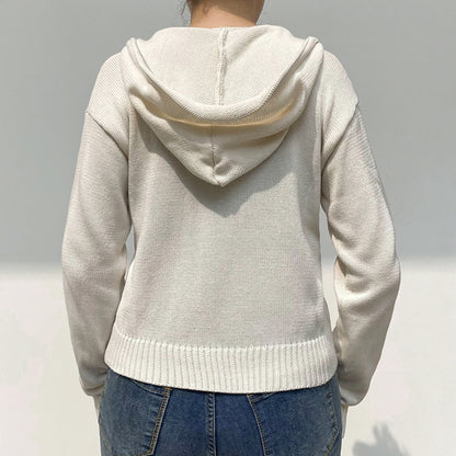 Y2K Solid Knit Hoodie Cardigan Casual Zip-Up Sweater for Women