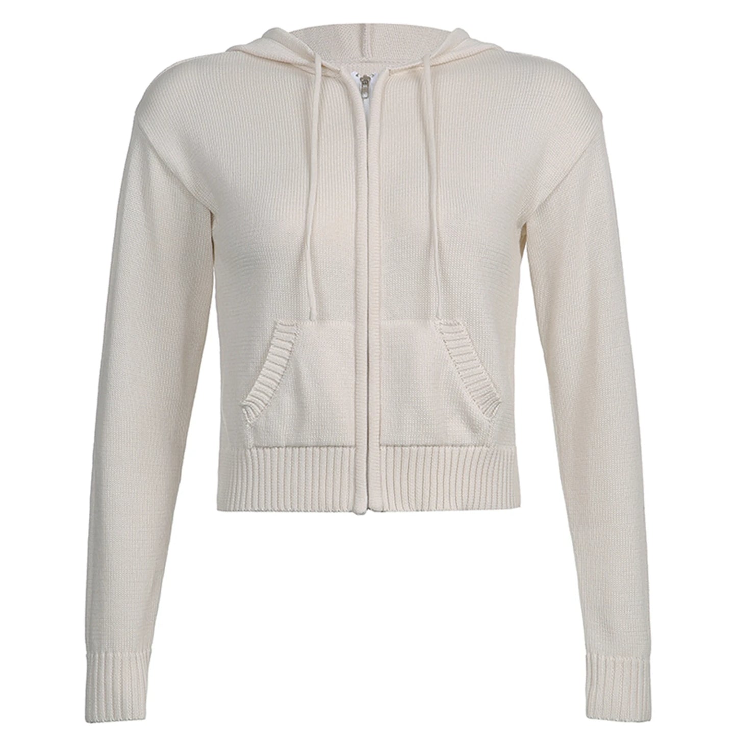 Y2K Solid Knit Hoodie Cardigan Casual Zip-Up Sweater for Women