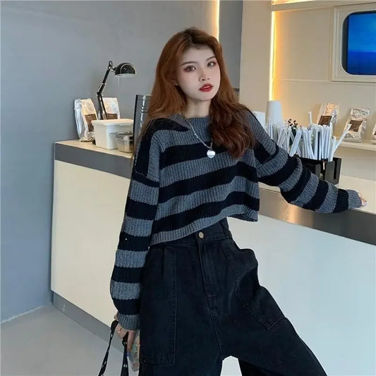 Vintage Vibes Striped Oversized Cropped Knit Sweater