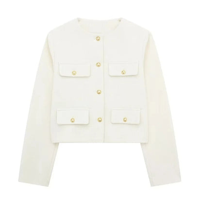 Modern Elegance O-Neck Cropped Jacket with Flip Pockets