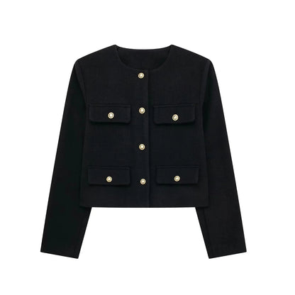 Modern Elegance O-Neck Cropped Jacket with Flip Pockets