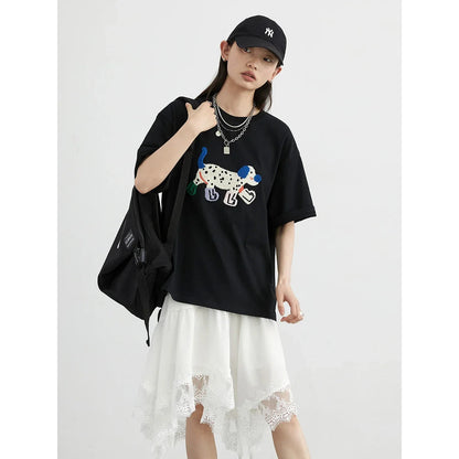 Cute Dog Embroidered O-Neck T-Shirt Casual Summer Vibes