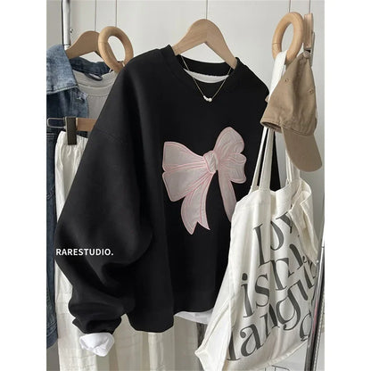 Dongdaemun Embroidered Bow Sweatshirt Women’s Trendy Layer