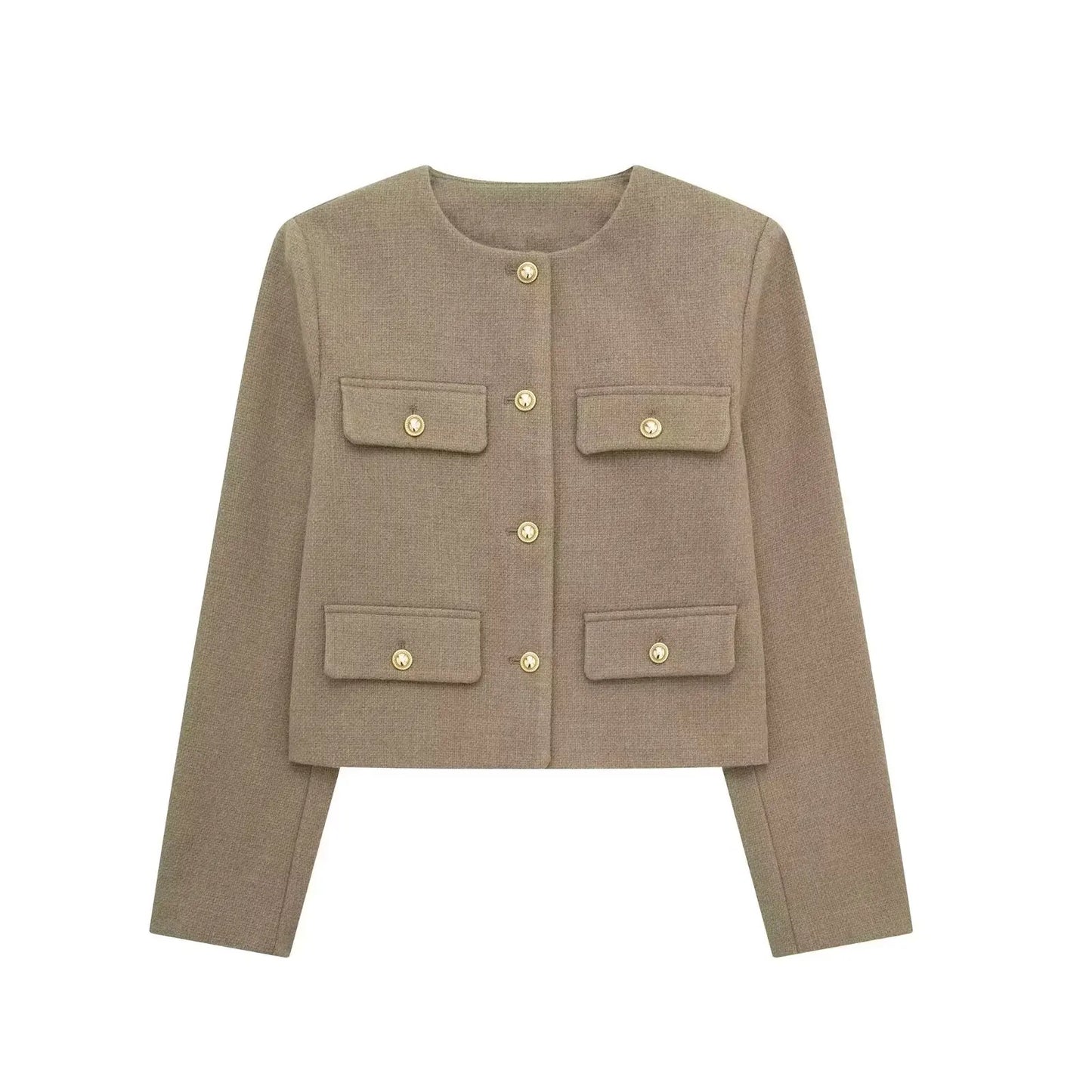 Modern Elegance O-Neck Cropped Jacket with Flip Pockets