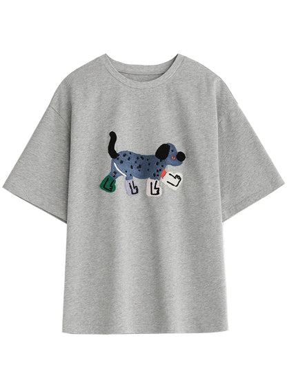 Cute Dog Embroidered O-Neck T-Shirt Casual Summer Vibes