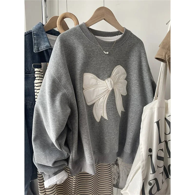 Dongdaemun Embroidered Bow Sweatshirt Women’s Trendy Layer