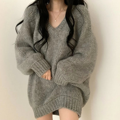 Retro V-Neck Knit Sweater Dress Cozy and Chic