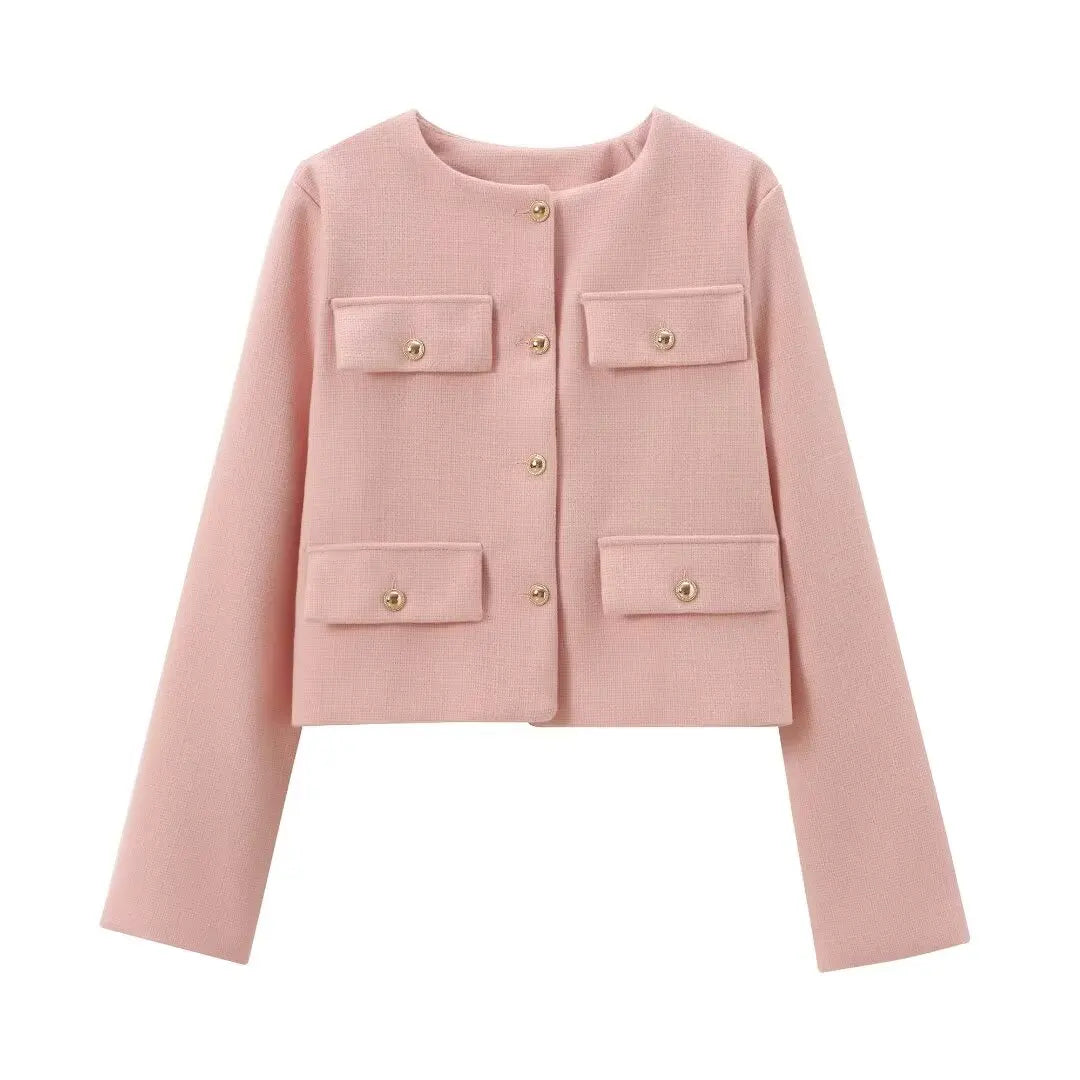 Modern Elegance O-Neck Cropped Jacket with Flip Pockets